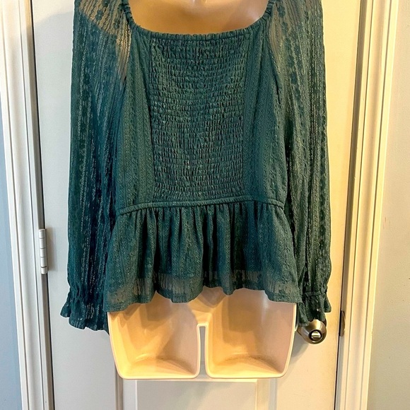 EUC! LC Lauren Conrad Teal Lace puffy sleeve Smocked Peplum Blouse XL - Picture 14 of 15